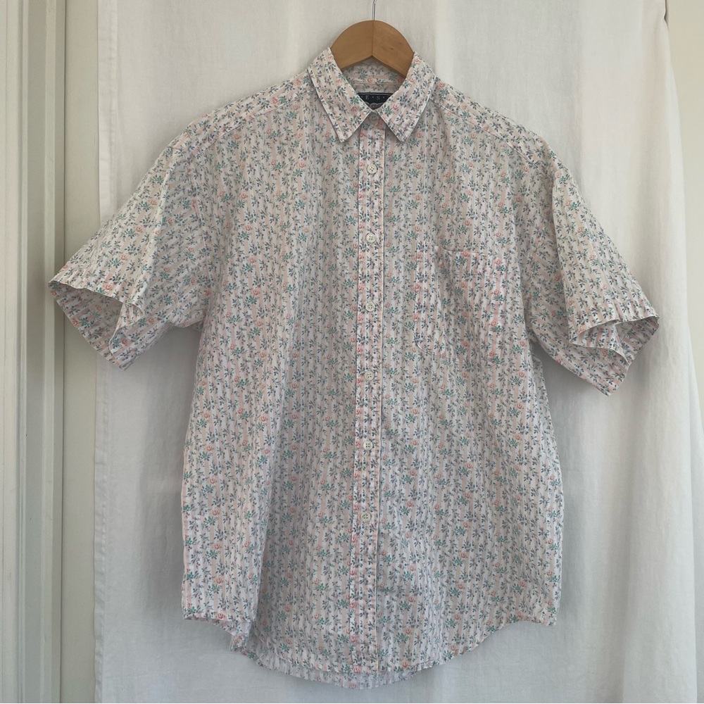 Men's Casual Floral Button Down Shirt - White and Pink